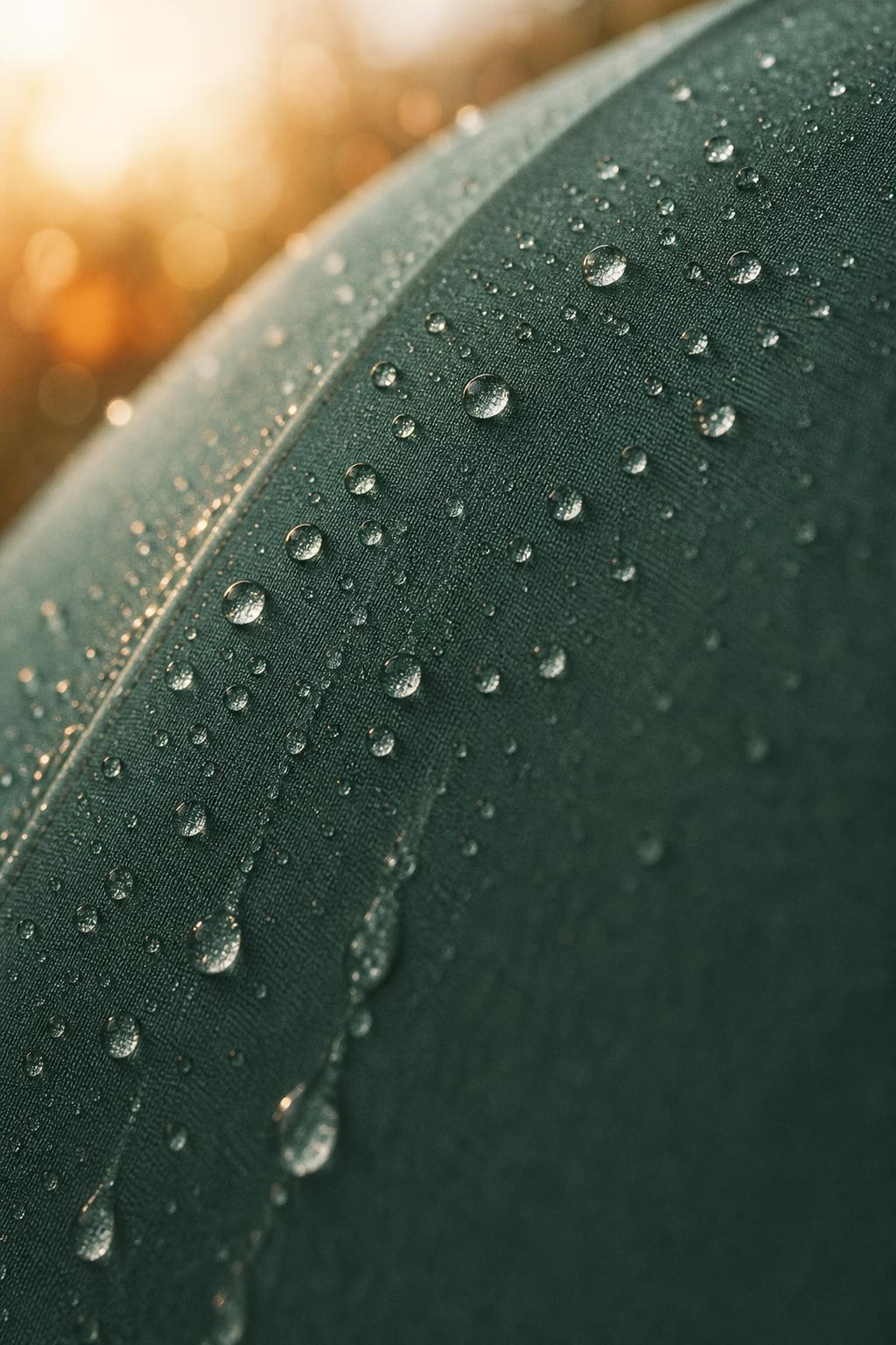 Gotas de agua resbalando sobre la tela del paraguas