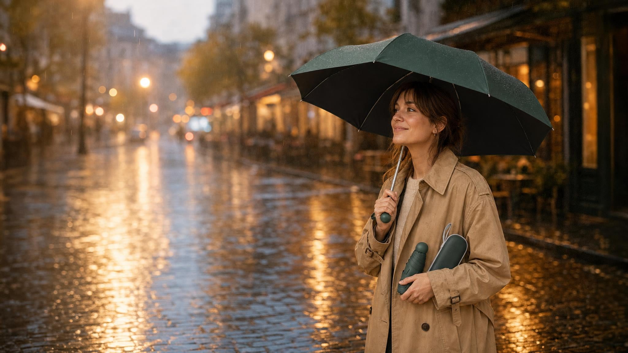 Mujer bajo la lluvia con el paraguas cápsula abierto